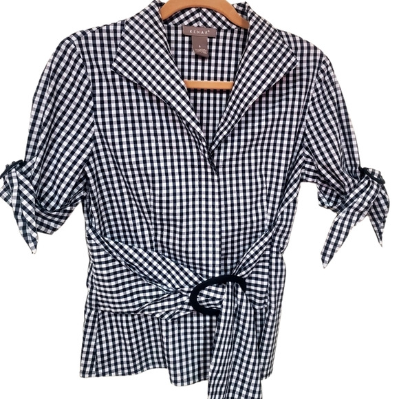 Kenar Tops - KENAR BK & WH CHECK SIZE 8 S/S BLOUSE WITH BUCKLES